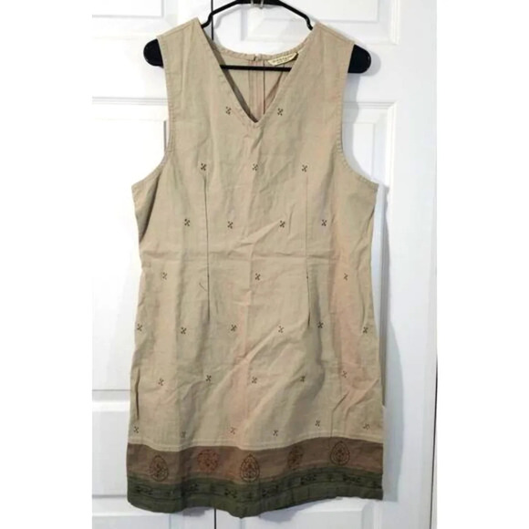 Jenna Lane New York Brown Embroidered V-Neck Sheath Dress Large Linen Blend - Picture 1 of 8